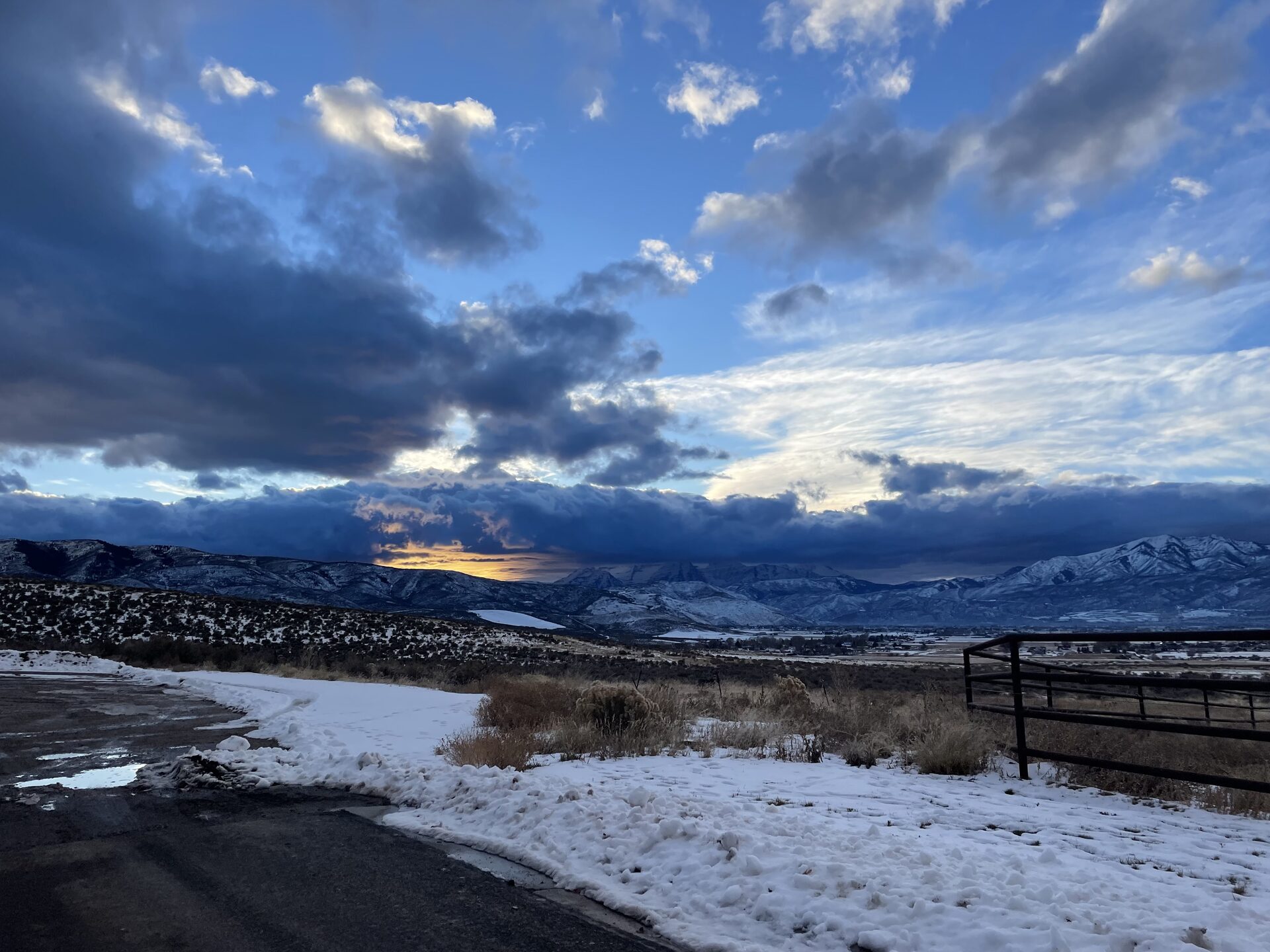 Winter landscape in Heber Valley Utah with snow-covered Wasatch mountains at sunset