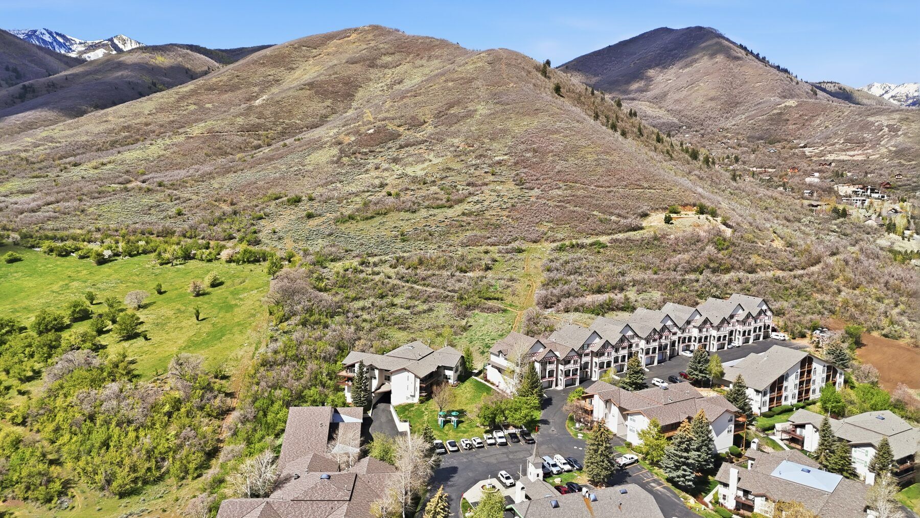 Aerial of Midway valley and mountains near Swiss Oaks community Utah