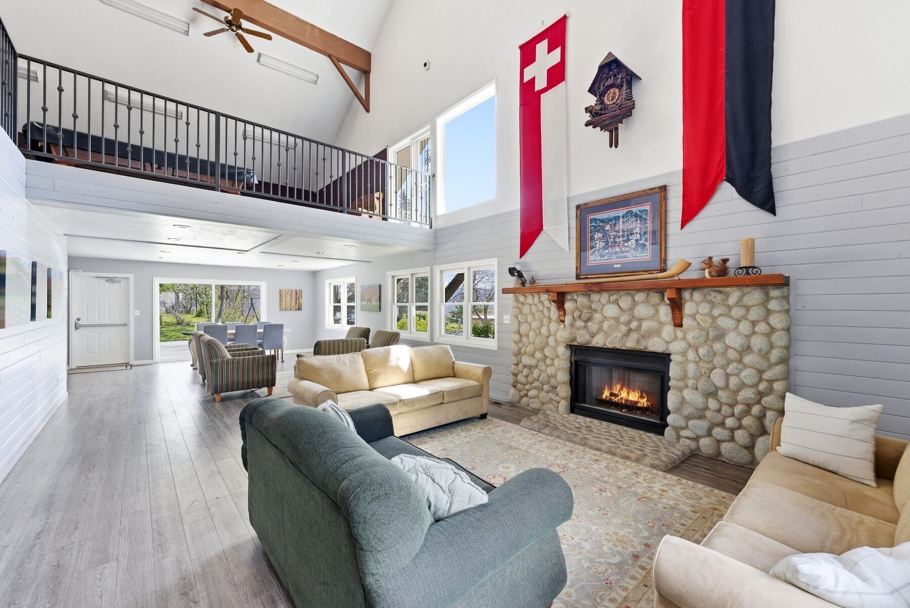 Swiss Oaks community clubhouse great room with stone fireplace in Midway Utah