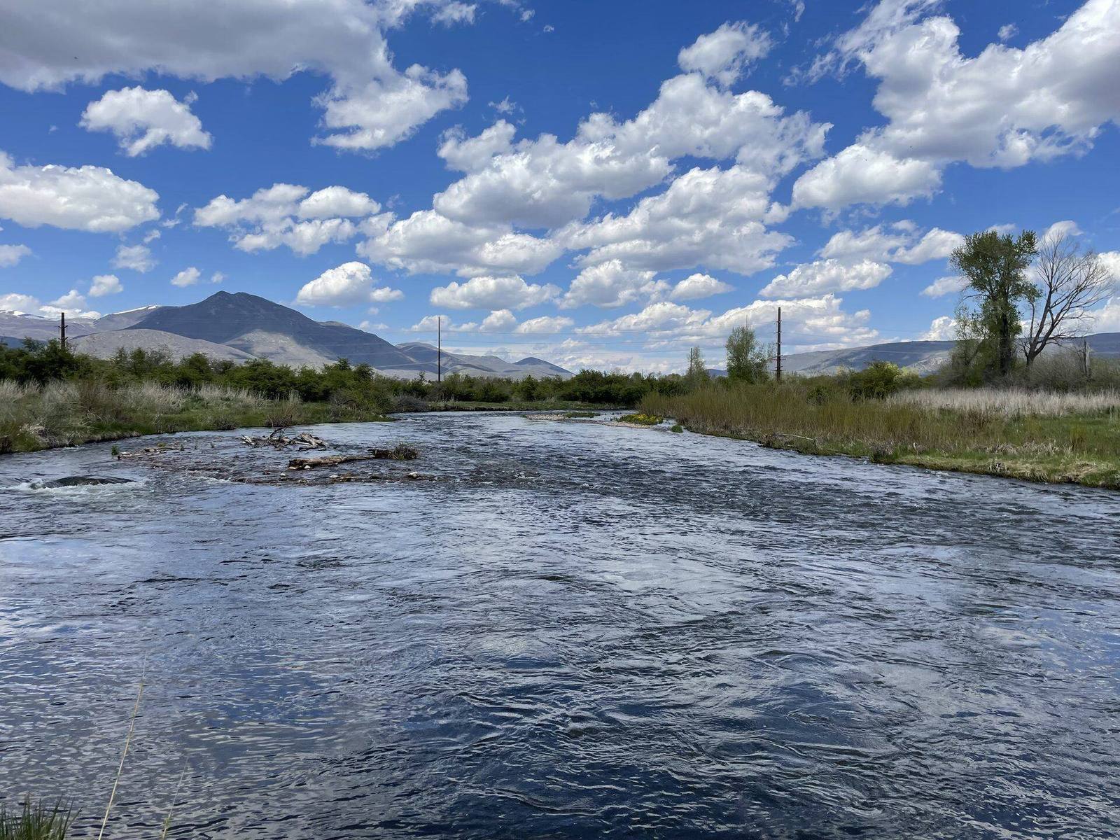 The Provo River flowing through open fields in Heber Valley with the Wasatch Range behind